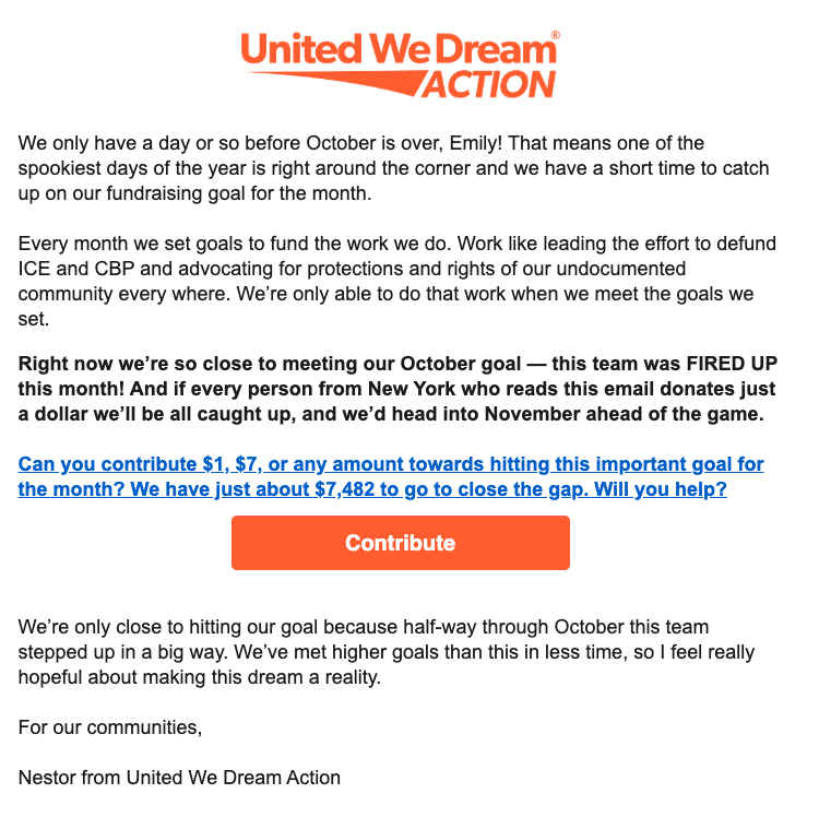 Example of an email using a monthly goal to motivate small-dollar donors to give!