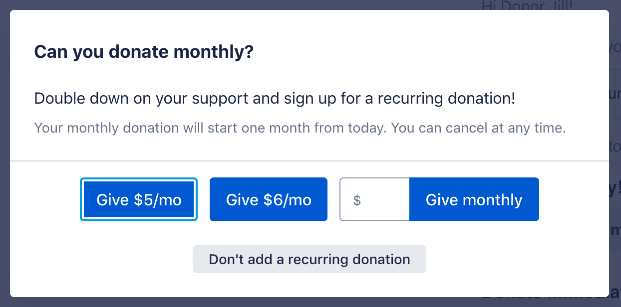 A Smart Options recurring pop-up suggesting a $5/month, $6/month, or custom monthly recurring donation.