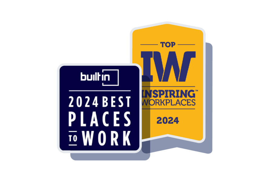 Illustrations of ActBlue's 2024 Best Places to Work award from BuiltIn and 2024 Top Inspiring Workplaces award.
